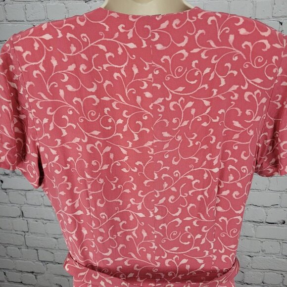 Papillon Pink 100% Silk Leaf Print Short Sleeve Belted Lined Long Wrap Dress 16 - Picture 8 of 14